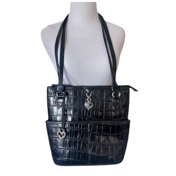 Brighton Handbags - BRIGHTON Leather Black Croc Shoulder Bag Mini Heart Charm Purse Silver